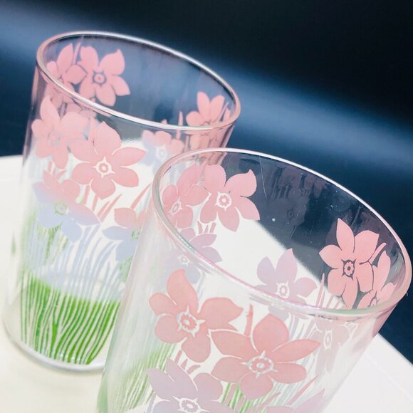 Mid Century Pastel Pink to Green Ombre Daffodils SET of 6 Water Juice Glass - Picture 5 of 9